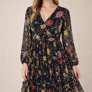 Susan Graver Black Floral Long Sleeve Dress